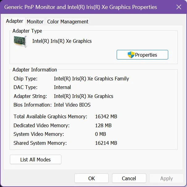 Windows Display Adapter Eigenschaften Integrierte Grafik