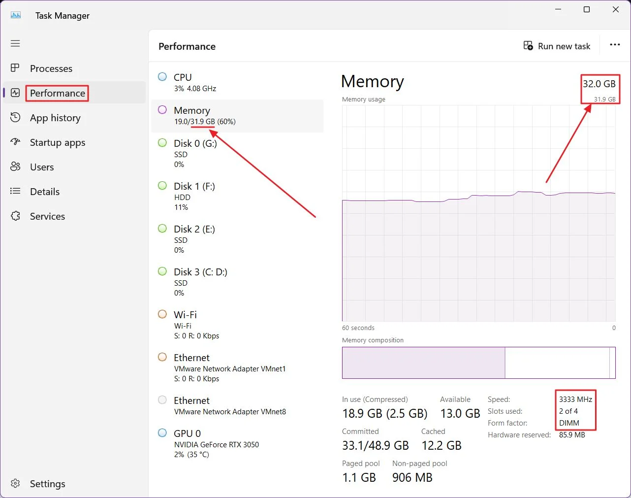 prestazioni del task manager di windows capacità e velocità della memoria