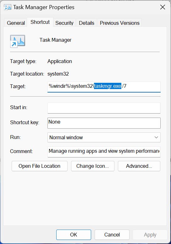 windows task manager properties executable filename