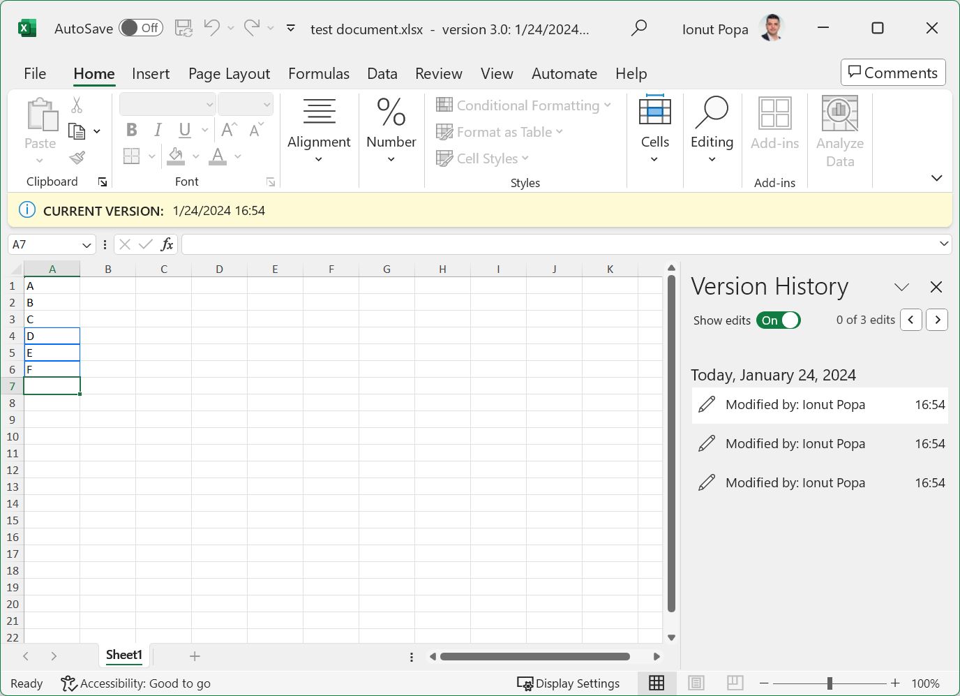 microsoft excel document history versions