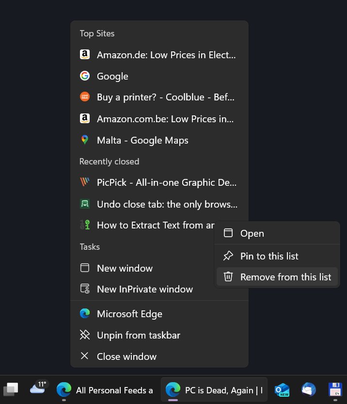 edge browser jump list tasks remove items from list