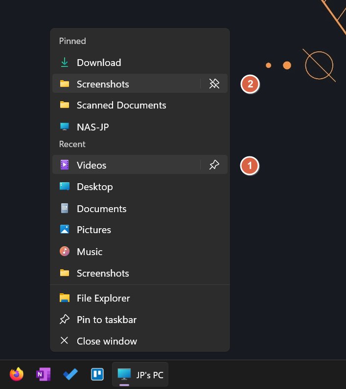 file explorer taskbar jumplist pin unpin items