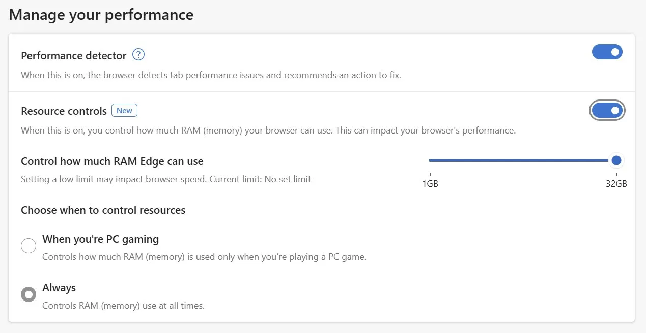 edge control ram usage options