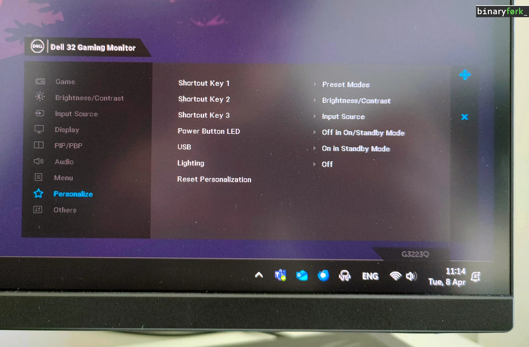 dell g3223q OSD-Menü der Bildschirmanzeige