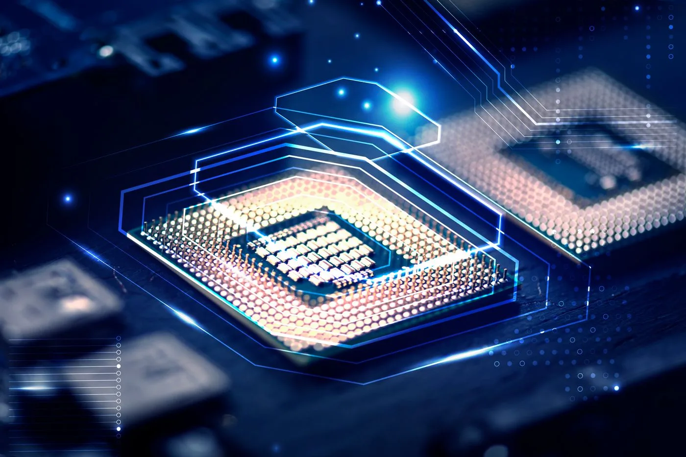 Fundo de um microchip inteligente numa placa-mãe em grande plano de tecnologia r
